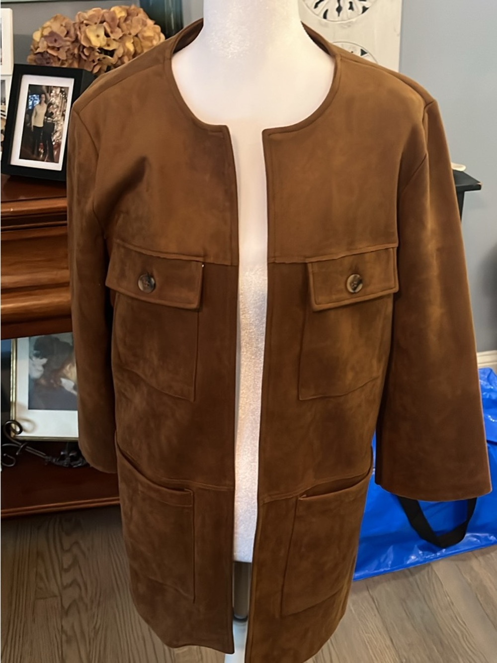 Ruby Rd. Brown Suede Collarless Coat with Patch Pockets